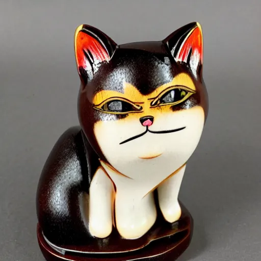 Image similar to demure anthropomorphic cat figurine wearing a kimono, brown resin, highly detailed, intricate, monotone, shy looking down