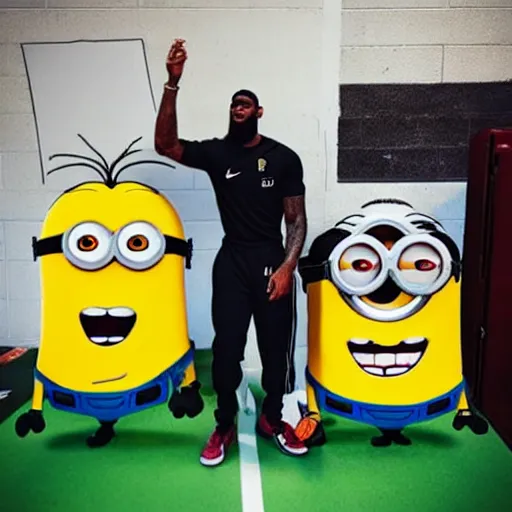 Image similar to lebron teaching the minions how to shoot, kids drawing,