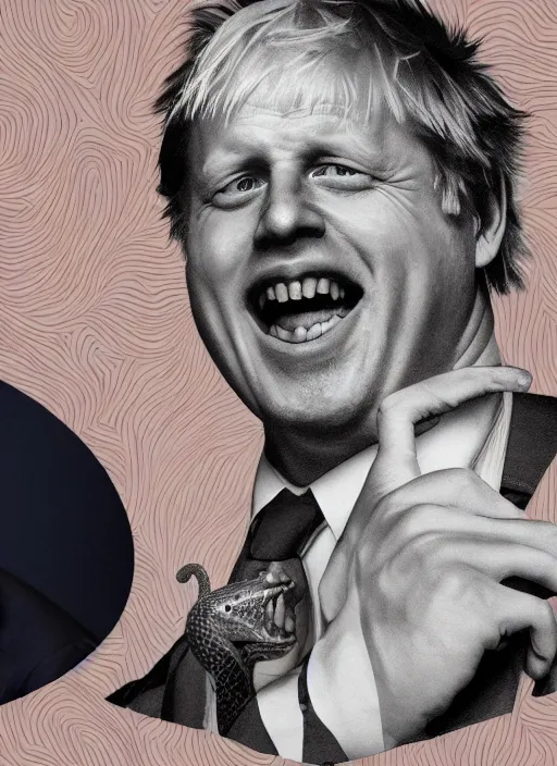 Image similar to A portrait of Boris Johnson with the body of a snake, wearing a suit, at a house party, laughing at the poor, high definition, digital art, illustration, hyperrealist
