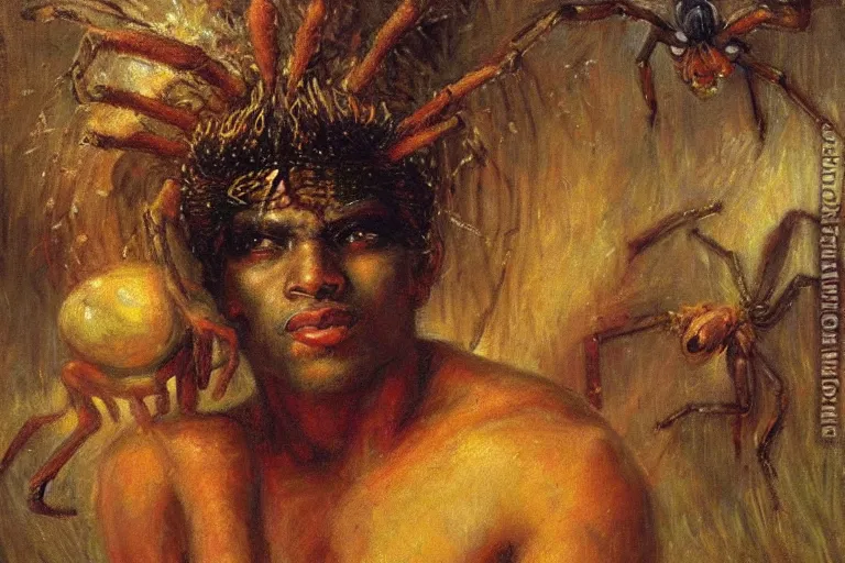 Image similar to portrait of the personification of anansi, the spider god. art by gaston bussiere.