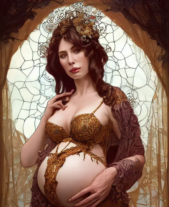 Image similar to a highly detailed portrait of a pregnant woman, intricate silk set, honey birdette, deep focus, d & d, fantasy, intricate, elegant, highly detailed, digital painting, artstation, concept art, matte, sharp focus, illustration, hearthstone, photography of charline von heyl, art by artgerm and greg rutkowski and alphonse mucha