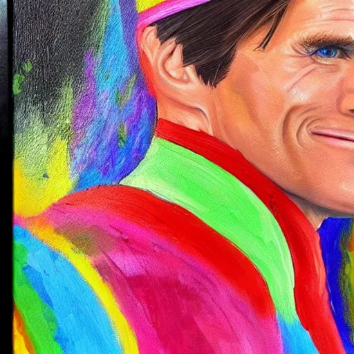 Image similar to painted portrait of jim carrey as super mario, highly detailed, colourful, brushstrokes, highly detailed