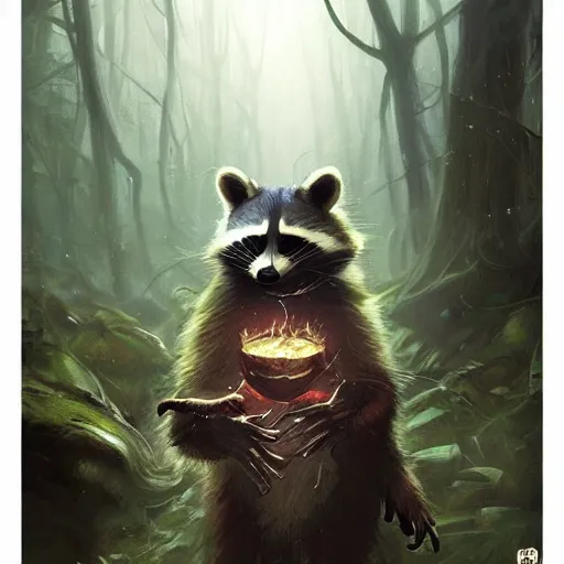 Prompt: raccoon druid casting magic spell in the forest, Greg Rutkowski, trending on artstation,