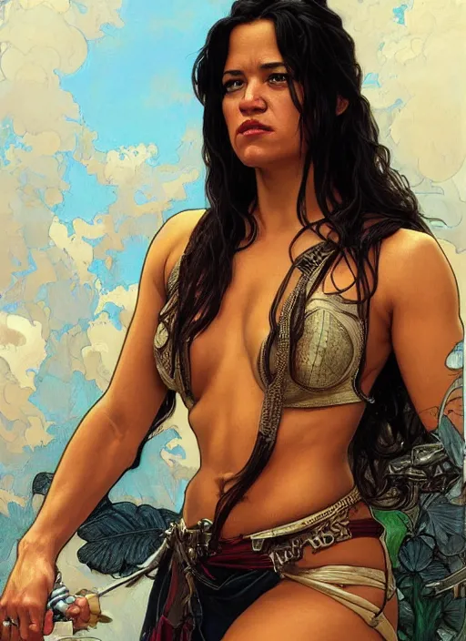 Image similar to Michelle Rodriguez as feisty latino woman, tasteful portrait, intricate, elegant, highly detailed, centered, digital painting, artstation, concept art, smooth, sharp focus, illustration, art by artgerm and donato giancola and alphonse mucha