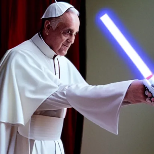 Prompt: darth pope with one white lightsaber electrocuting the cardinals