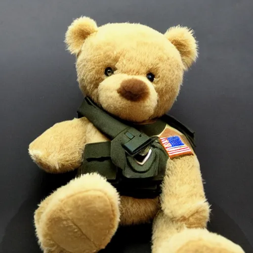 Image similar to a realistic photo shoot of a teddy bear marine soldier 4 k