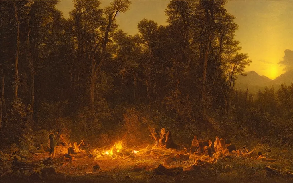 Prompt: campfire on the edge of a forest overlooking a beautiful valley at dusk, cinematic lighting, intricate ink illustration, by albert bierstadt