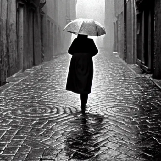 Image similar to fine art photograph of a woman waiting for the rain to stop, rainy flagstone cobblestone street, by henri cartier - bresson