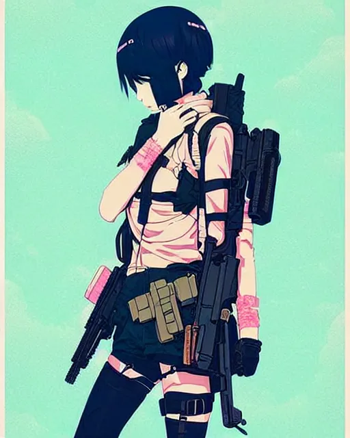 Image similar to girl with tactical gear, very anime!!! anime!! intricate details, aesthetically pleasing pastel colors, poster background, aesthetic details, art by conrad roset and ilya kuvshinov