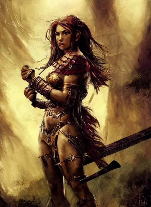 Image similar to hyper realistic warrior girl with sword in her hand, full body, rule of thirds, human proportion, good anatomy, beautiful face, conceptart, saturated colors, cinematic, vallejo, frazetta, royo, rowena morrill, cinematic