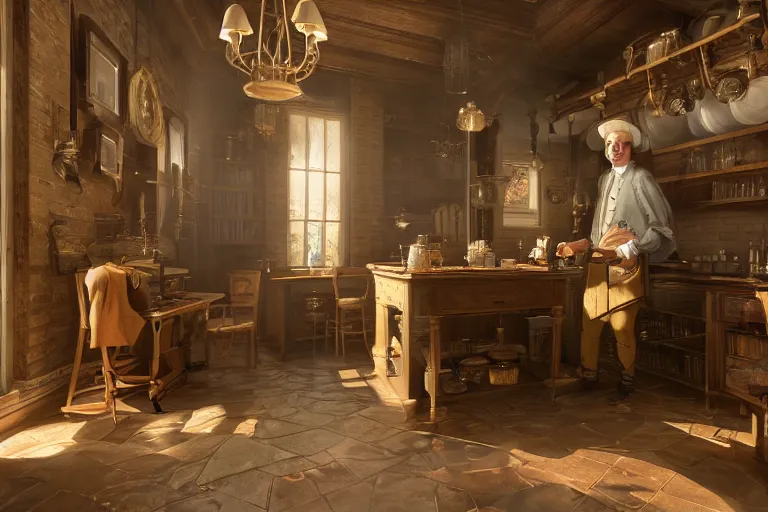 Prompt: [Benjamin Franklin is wearing an apron and cooking breakfast inside a steampunk kitchen], liminal space, high detail, rendered in unreal engine, 3d render, god rays, volumetric lighting, HDR, subsurface scatter, mansion, interior, large windows, rich house