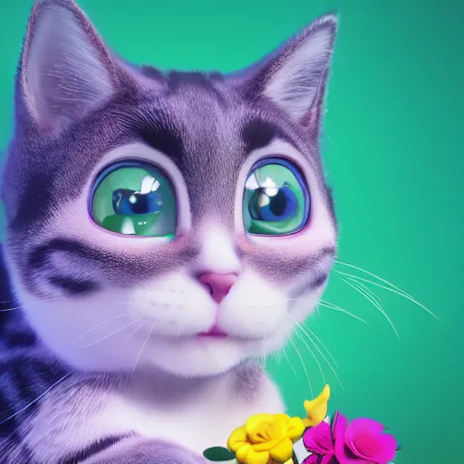 Image similar to tabi cat with flowers, anime, disney, pixar, 8 k, hd, dof, kodak film, volumetric lighting, subsurface scattering, photorealistic, octane render, details