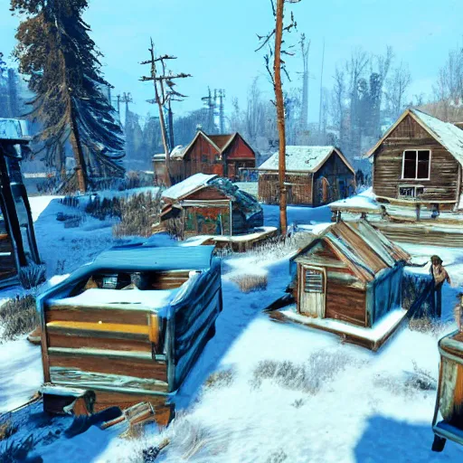 Image similar to small wooden settlers village, canada in the winter in ruins post - nuclear war in fallout 4, in game screenshot