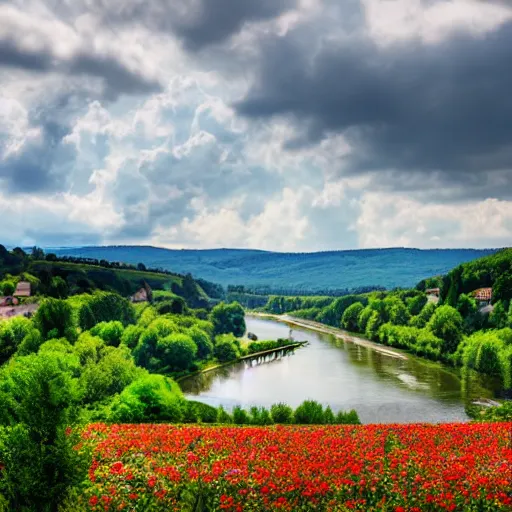 Prompt: dordogne typical landscape, little houses on the hills in the background, summer, river, ultra detailed, ultra sharp, award winning. 8 k, flowers, trees, fluffy clouds.