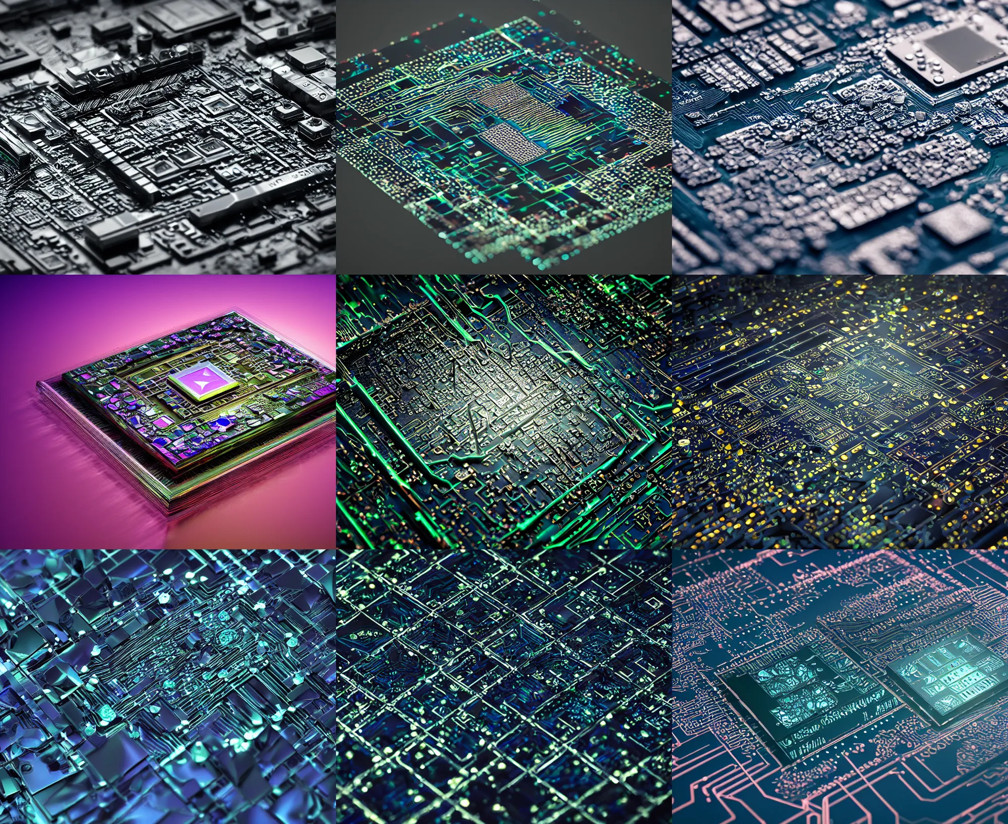 Prompt: circuit board processor block, 3 d ray traced photorealistic render, moody beautiful colors, futuristic, squares, crystal nodes, shiny, high angle shot with sharp realistic intricate detail, iridescent glowing chips, device, graphene, precious metals, treasure artifact