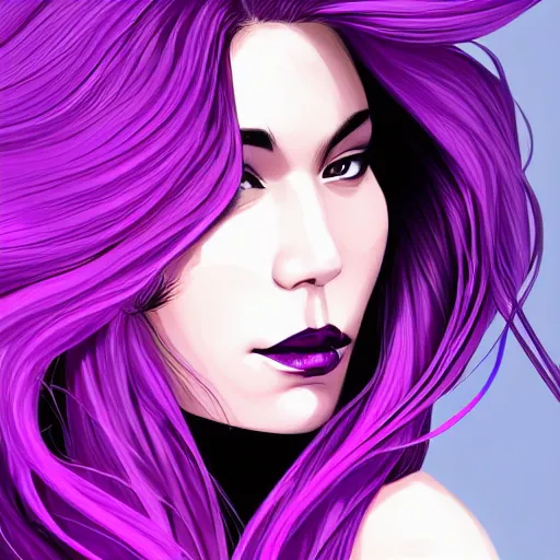 Prompt: a stunning upper body portrait of a beautiful woman with ombre purple and pink hair blowing in the wind by marvel comics, digital art, trending on artstation