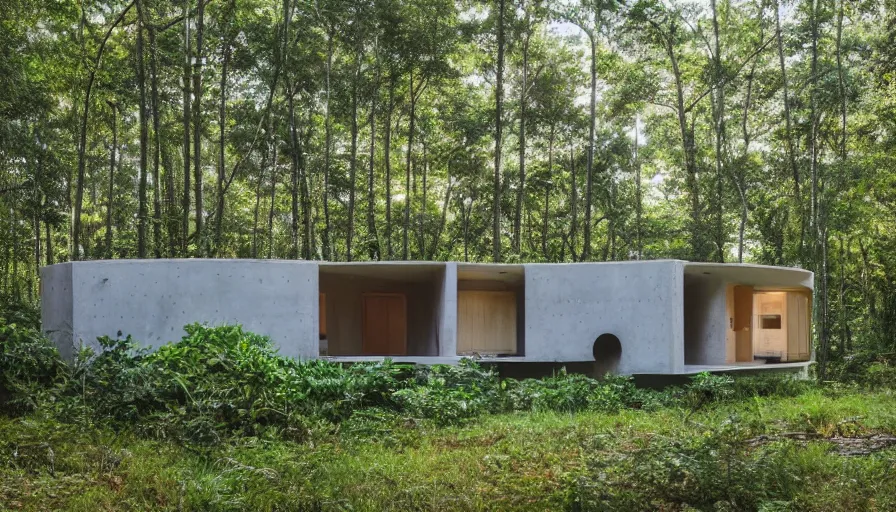 Image similar to A wide image of a full innovative contemporary 3D printed prefab sea ranch style cabin with rounded corners and angles, beveled edges, made of cement and concrete, organic architecture, in a lush green forest Designed by Gucci and Wes Anderson, golden hour