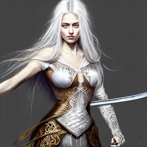 Image similar to full body painting of a woman with flowing luscious glowing white hair standing whilst holding a sword, wearing intricate plate - armor and leather underneath. intricate, elegant, highly detailed, digital painting, artstation, concept art, smooth, sharp focus, illustration, by terry wei, qiu fang, tooth wu, kan liu, siwoo kim, jisu choe