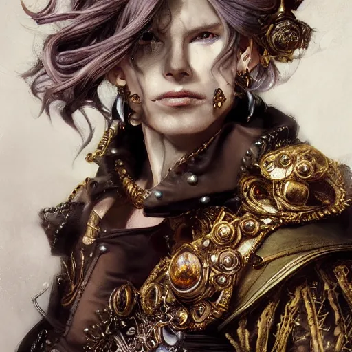 Image similar to portrait, headshot, insanely nice professional hair style, dramatic hair color, digital painting, of a old 17th century, old cyborg merchant, amber jewels, baroque, ornate clothing, scifi, realistic, hyperdetailed, chiaroscuro, concept art, art by Franz Hals and Jon Foster and Ayami Kojima and Amano and Karol Bak,