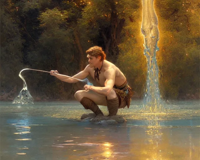 Image similar to attractive male wizard casting powerful water spell in a beautiful lake. highly detailed painting by gaston bussiere, craig mullins, j. c. leyendecker 8 k