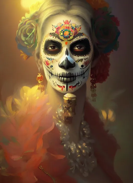 Image similar to portrait of dia de muertos, extremely detailed digital painting, in the style of fenghua zhong and ruan jia and jeremy lipking and peter mohrbacher, mystical colors, rim light, beautiful lighting, 8 k, stunning scene, raytracing, octane, trending on artstation