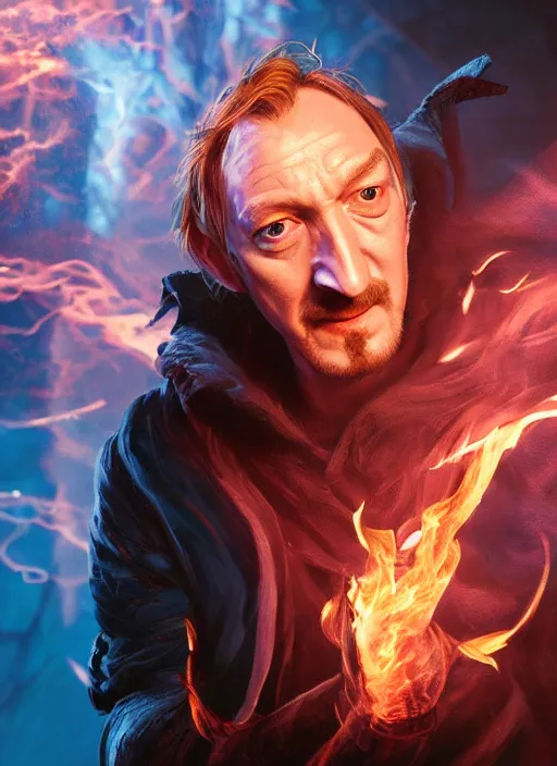 Image similar to A fantasy comic book style portrait painting of David Thewlis as a godlike Sorcerer casting a fire spell, unreal 5, DAZ, hyperrealistic, octane render, RPG portrait, ambient light, dynamic lighting