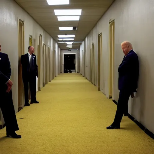 Prompt: Joe Biden lost in the backrooms, old moist carpet, mono-yellow, fluorescent lights, randomly segmented rooms, eerie