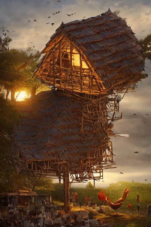 Image similar to an awesome twilight day concept art of giant old hut mixed with giant chicken, by kengo kuma and wes anderson with village, mixed development, cgsociety, fantastic realism, artstation hq