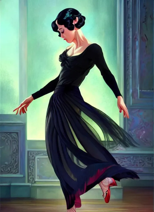 Image similar to a beautiful dancer with black hair in 1930's fashion, ballroom background, intricate, highly detailed, digital painting, artstation, official media, anime key visual, concept art, rich vivid colors, ambient lighting, sharp focus, illustration, art by Artgerm, Makoto Shinkai, Ilya Kuvshinov, Lois Van Baarle, and Rossdraws