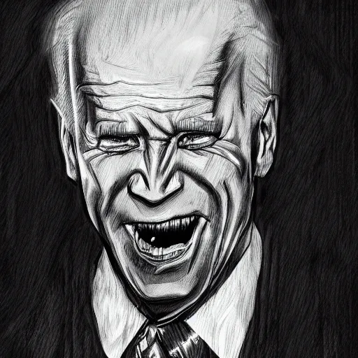 Image similar to grunge, aggressive sketch, messy lines, dark strokes, drawing of demonic joe biden as a caricature in the style of Jacob Shaw,creepy, surreal, trending on artstation