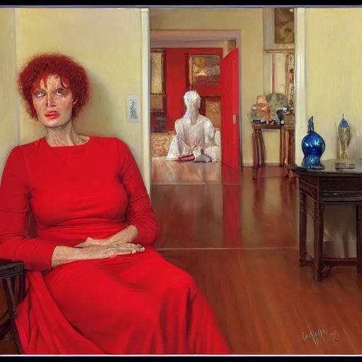 Image similar to woman wearing red, in a white room, by donato giancola.