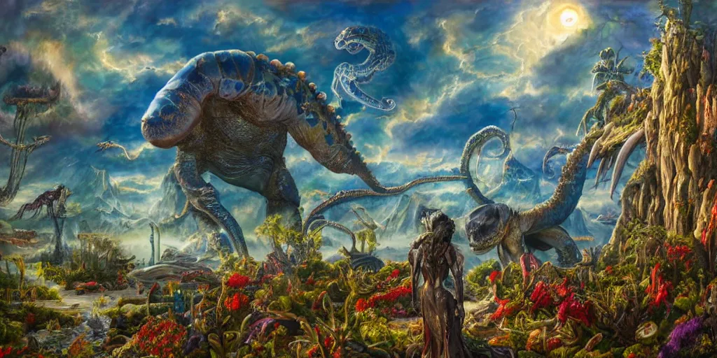 Image similar to fantasy oil painting, great leviathan, cybernetic turtle cephalopod terrapin reptilian pachyderm squid, bella hadid, hybrid, milla jovovich, anubis, epic natural light, lush plants flowers, spectacular mountains, bright clouds, luminous sky, outer worlds, golden hour, michael cheval, edward hopper, michael whelan, vray, hd