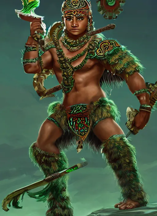 Image similar to a highly detailed illustration of fierce young aztec warrior boy wearing green jaguar mane, heroic roaring wielding aztec macuahuitl pose, muscular, intricate, elegant, highly detailed, centered, digital painting, artstation, concept art, smooth, sharp focus, league of legends concept art, wlop