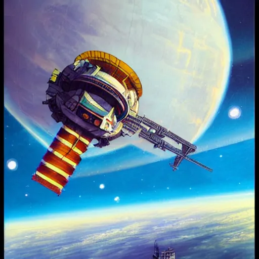 Prompt: abandoned beautiful space station floating in empty space, chris foss, terran trade authority