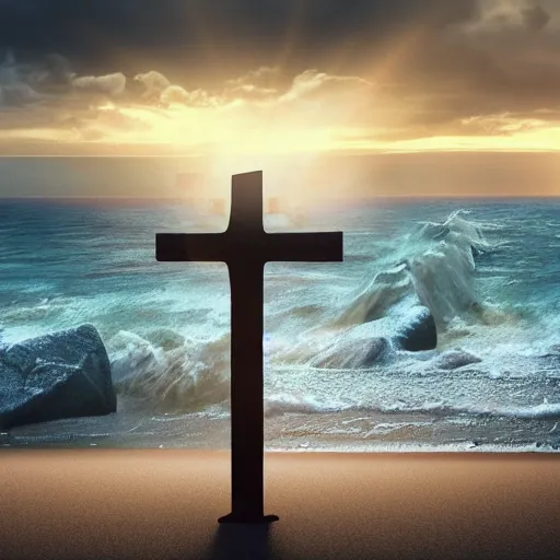 Image similar to a highly detailed vector render of a large cross standing on the beach as a storm comes in with the tide, a beautiful blonde woman sitting in the sand watching the ocean, epic fantasy, god rays, rocky beach, aerial photography, volumetric lighting, octane render, exquisite detail, 8 k, art by hayao miyazaki and albert bierstadt and alphonse mucha