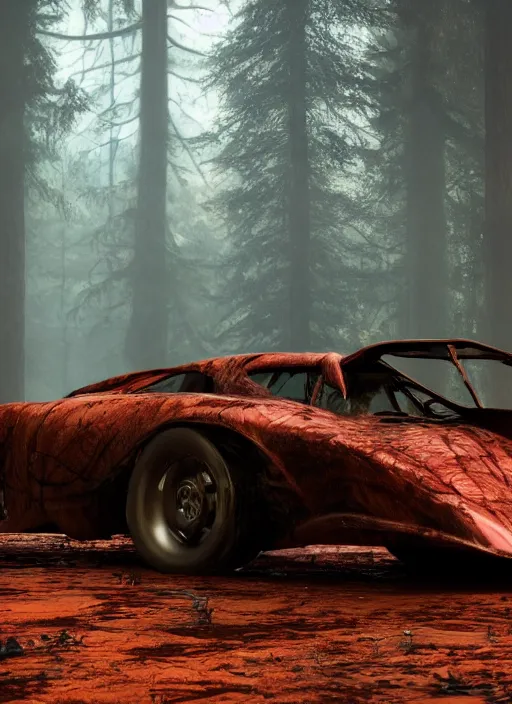 Image similar to an abandoned devil car on a ominous forest biome by pixar, smooth, cinematic, wet reflections, ray tracing x, rtx, smooth