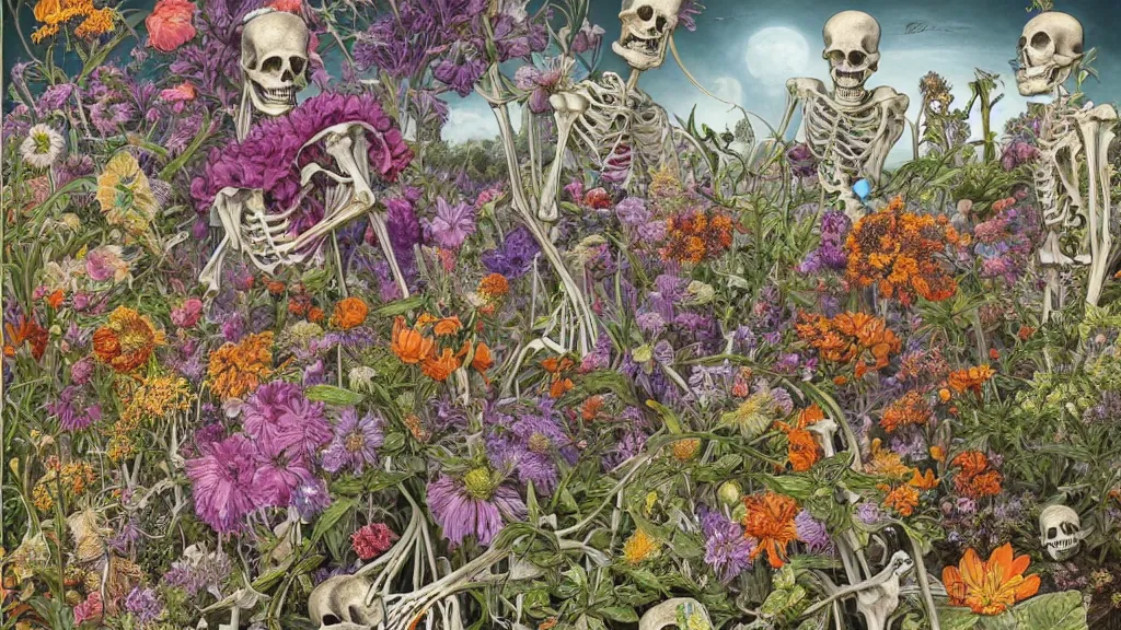 Image similar to highly detailed illustration all the known species of flowers growing from a human skeleton, by juan gatti!!, by gottfried bammes, by george bridgman, by moebius!, by oliver vernon, by joseph moncada, by damon soule, by manabu ikeda, by kyle hotz, by dan mumford, by kilian eng