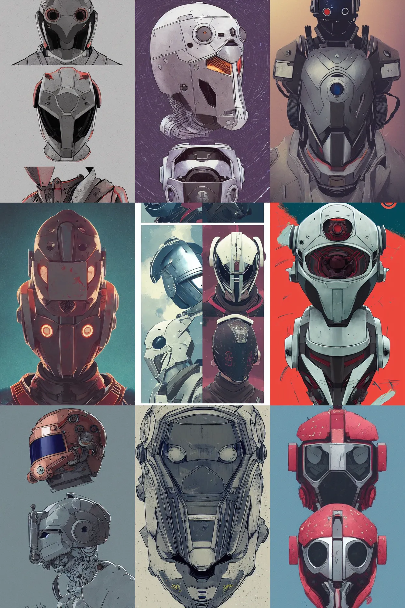 Prompt: robot ninja mask helmet Destiny 2 that looks like it is from Destiny 2 and by Feng Zhu and Loish and Laurie Greasley, Victo Ngai, Andreas Rocha, John Harris