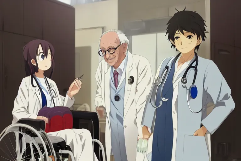 Image similar to a cute young female doctor wearing white coat, an old man of 80 years in a wheelchair, hospital ward, slice of life anime, cinematic, realistic, anime scenery by Naoshi Arakawa:8 and Makoto shinkai