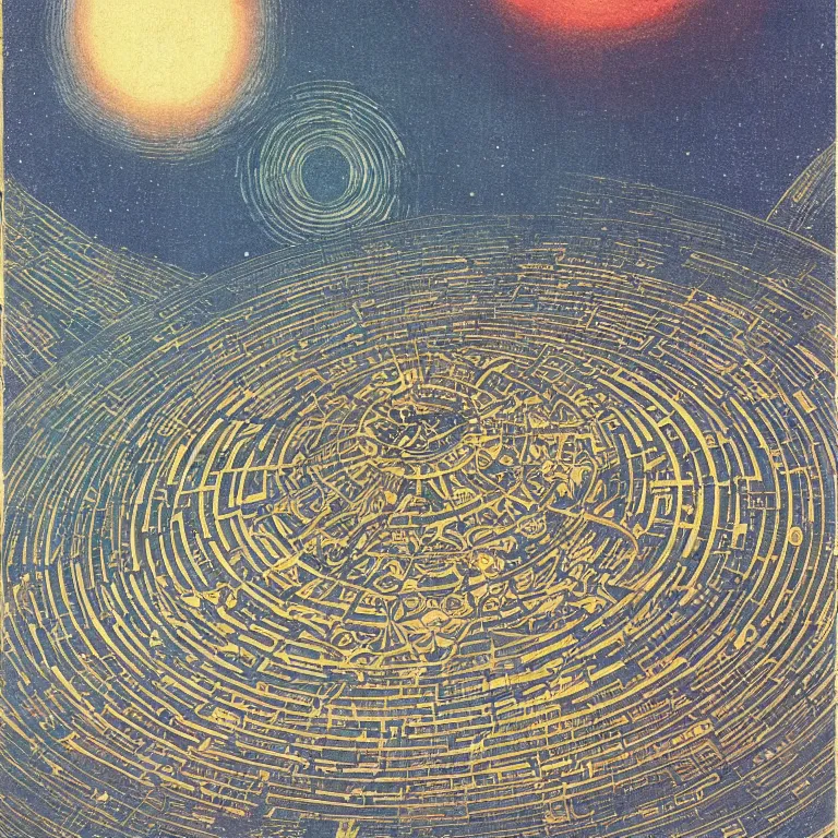 Image similar to Giant Floating Circular Ancient Sacred Sublime Cosmic Structure by Hiroshi Yoshida