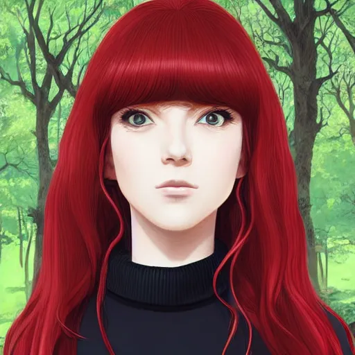 Image similar to Character portrait of a young beautiful woman with long flowing red hair in a lush park, beautiful face, long dark hair with bangs, wearing a black turtleneck sweater, highly detailed, cel shading, Studio Ghibli still, by Ilya Kuvshinov and Akihiko Yoshida