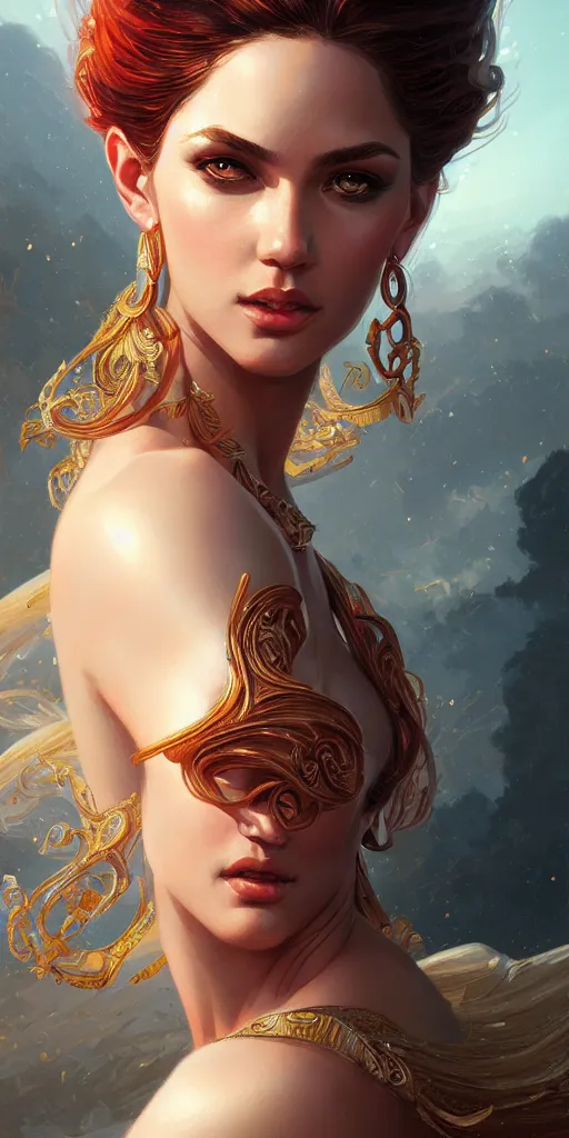 Image similar to portrait of a seductive and powerful aphrodite, detailed intricate illustration, detailed illustration, hd, 4 k, digital art, overdetailed art, by greg rutkowski, by loish, complementing colors, trending on artstation, deviantart