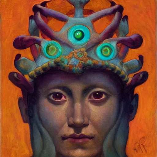 Image similar to the eyeball crown, by Annie Swynnerton and Nicholas Roerich and Diego Rivera, bioluminescent skin, elaborate costume, geometric ornament, symbolist, rich color, dramatic cinematic lighting, smooth, sharp focus, extremely detailed