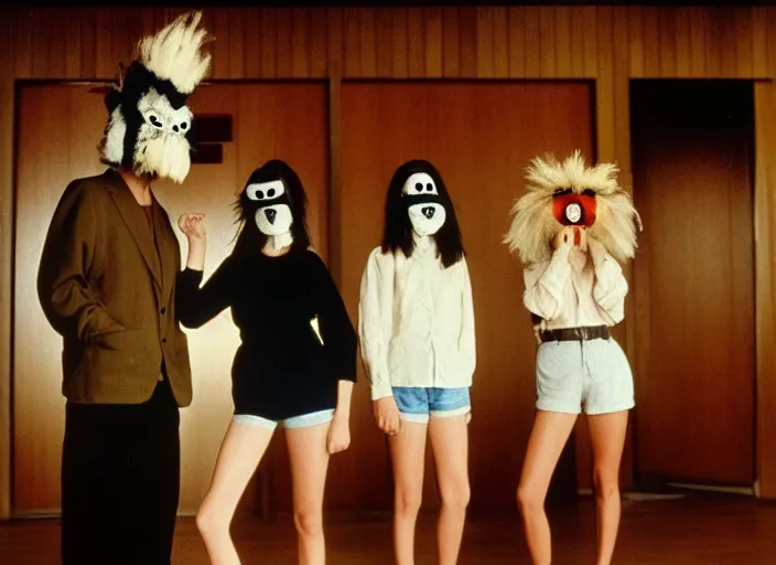 Prompt: realistic photo portrait of the team, brown mustard cotton fluffy shorts, crow mask face, wooden polished and fancy expensive wooden science laboratory hall interior 1 9 9 0, life magazine reportage photo, twin peaks by david lynch