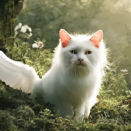 Prompt: film still, from bellow, a beautiful white cat with large bird wings, beautiful natural light, morning, backlit, wide shot, outdoor, in the style of annie leibowitz