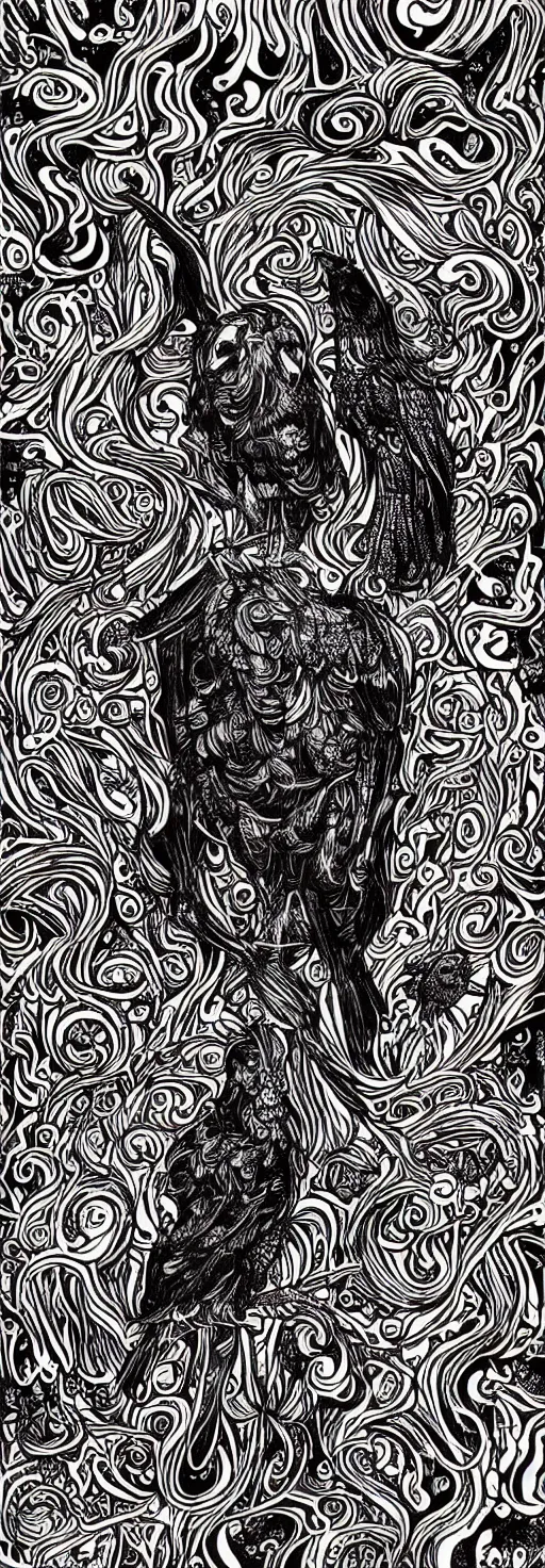 Image similar to psychedelic, monochrome artwork!!, raven, deer, owl, window to the ocean, typography, hr giger, didier comes, james jean, andreas rocha,