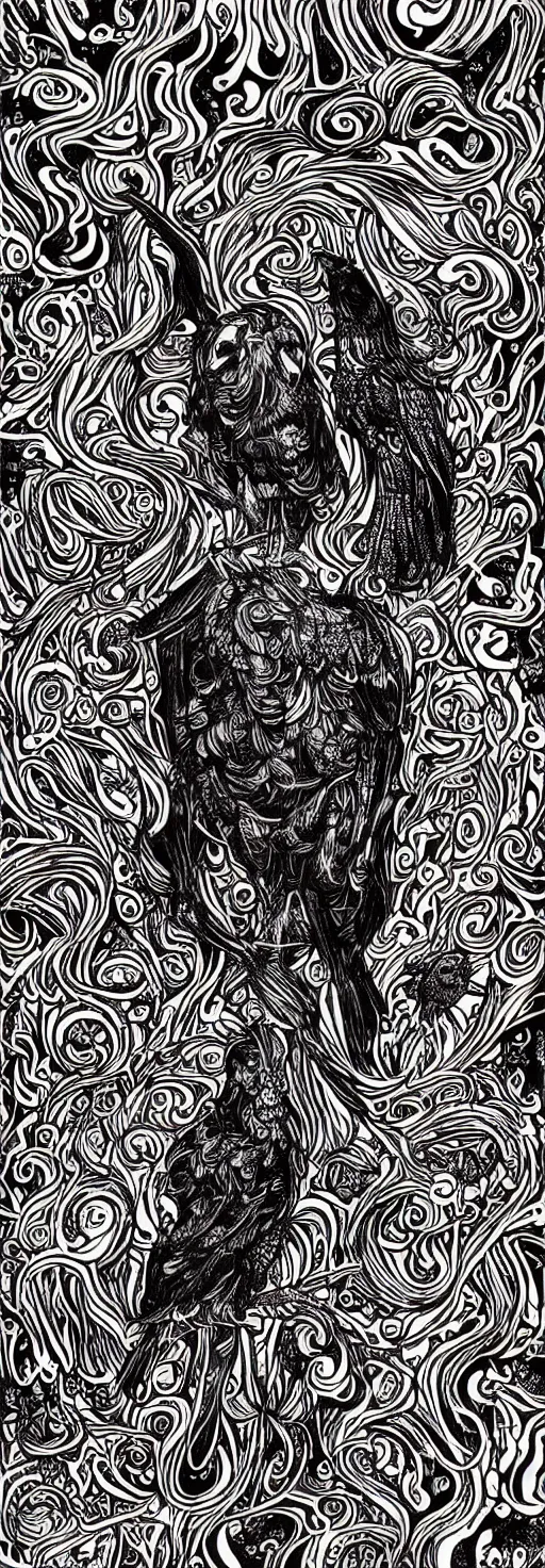 Prompt: psychedelic, monochrome artwork!!, raven, deer, owl, window to the ocean, typography, hr giger, didier comes, james jean, andreas rocha,