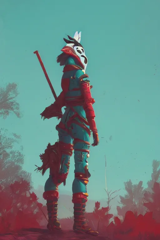 Image similar to female adventurer in tight full - body teal leather armor of japanese design with red accents and a white porcelain crow mask, trending in artstation, japanese, by simon stalenhag, establishing shot