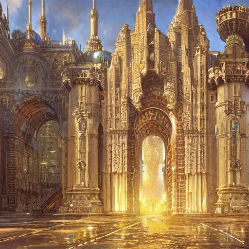 Prompt: The grand city gates, wide angle shot, epic composition, art by Donato Giancola and James Gurney, digital art, trending on artstation