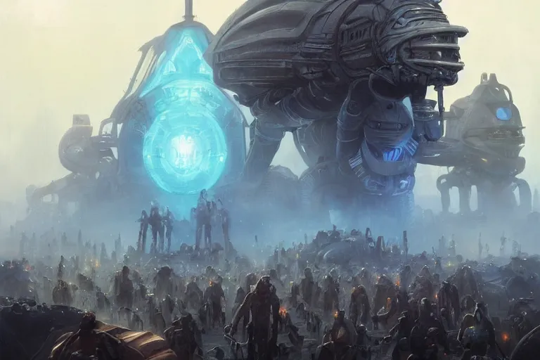 Image similar to ancient alien portral, a crowd of androids, pilgrimage, in mad max style, stargate, coriolios rpg art style, full of details, dark sci - fi, cold blue colors, matte painting, artstation, 8 k, hyperrealistic, style of peter mohrbacher